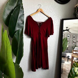 Elegant Wine Red Lace-Up Dress - L